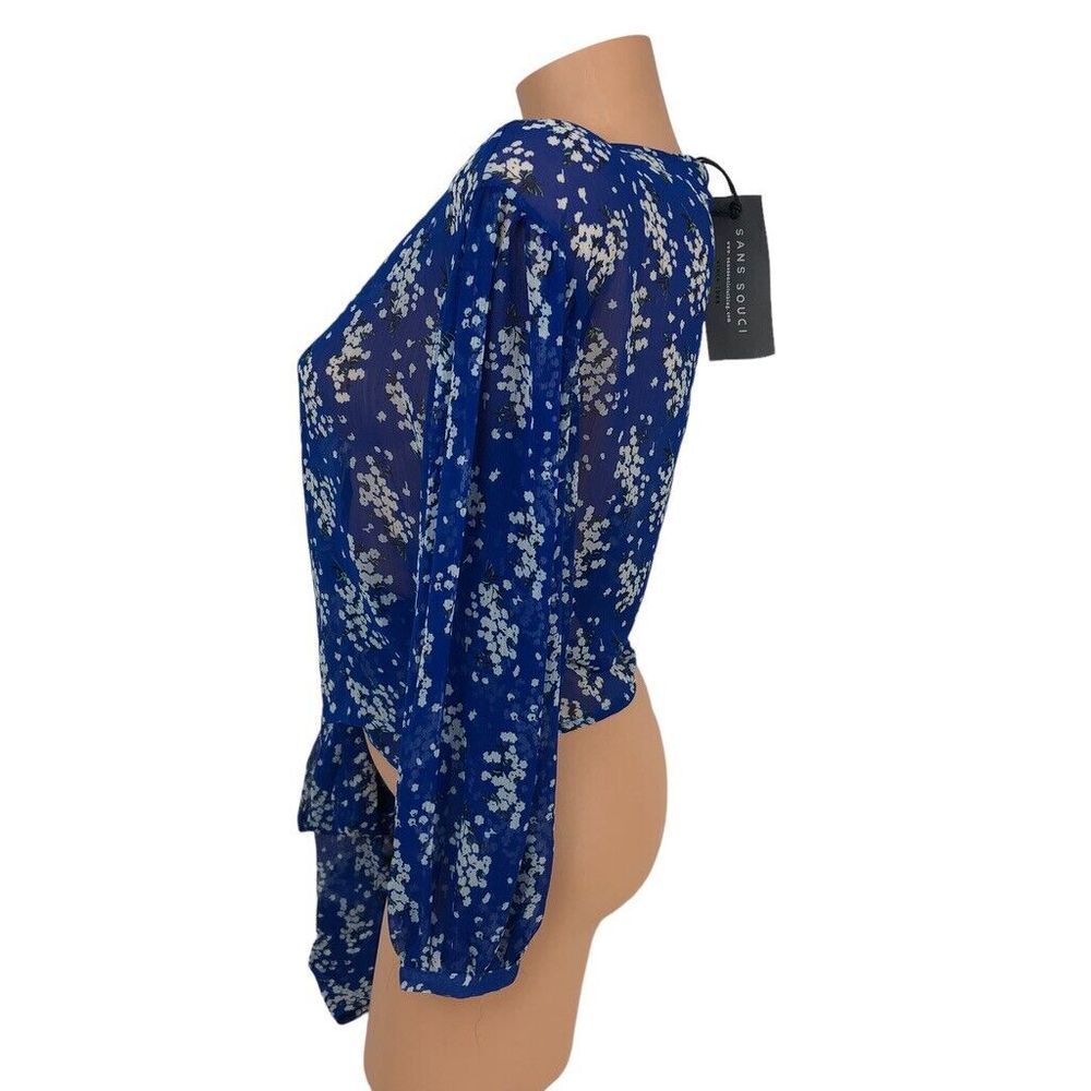 NWT Sans Souci Wrap Top Size S Sheer Floral Print Blouse V-Neck Boho Beachy Blue - Picture 4 of 7